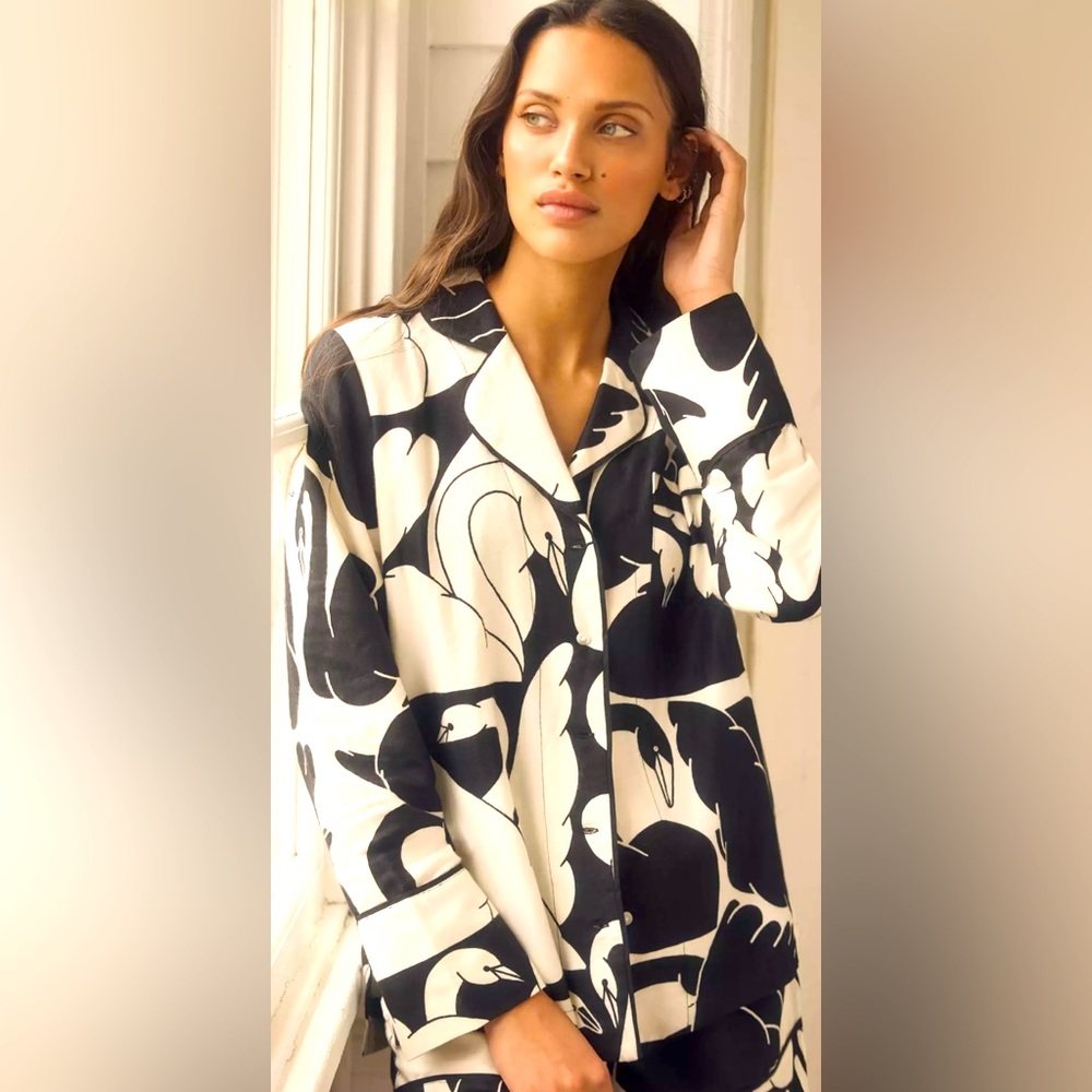 Anthropologie Flannel Pajama Top Cecilia Petterson Blk & Wht Swans